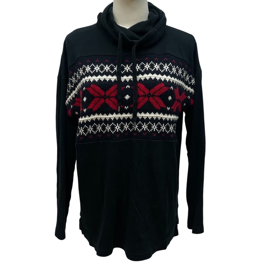 Chaps Fair Isle Tunic Top Womens M Black Red Cowl Neck Sweater Holiday Pullover